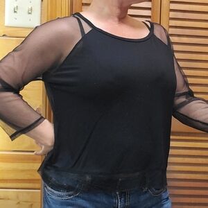 American Eagle Black Cotton Blouse With Sheer Sleeves Size Medium